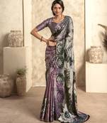 Women's lavender satin crepe printed saree with unstitched silk blouse piece