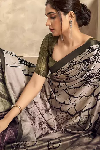 Women's lavender satin crepe printed saree with unstitched silk blend blouse piece