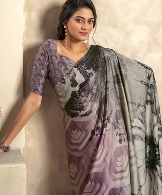 Women's lavender satin crepe printed saree with unstitched silk blend blouse piece 3