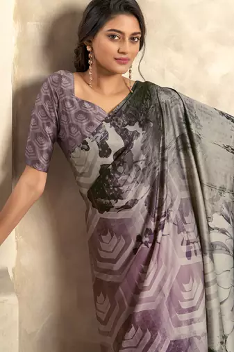 Women's lavender satin crepe printed saree with unstitched silk blend blouse piece