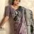 Women's lavender satin crepe printed saree with unstitched silk blouse piece