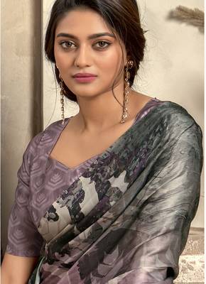 Women's lavender satin crepe printed saree with unstitched silk blend blouse piece 4
