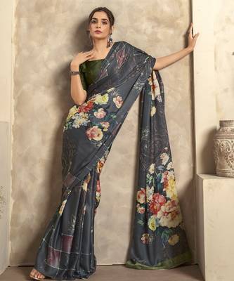 Women's grey satin crepe printed saree with unstitched silk blend blouse piece 1