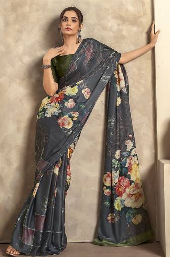 Women's grey satin crepe printed saree with unstitched silk blouse piece