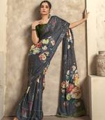 Women's grey satin crepe printed saree with unstitched silk blouse piece