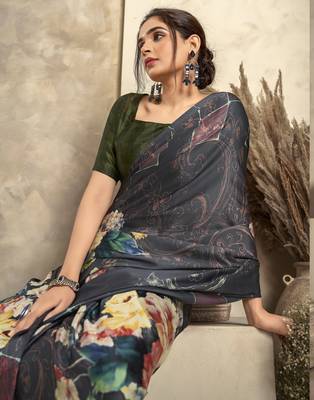 Women's grey satin crepe printed saree with unstitched silk blend blouse piece 2