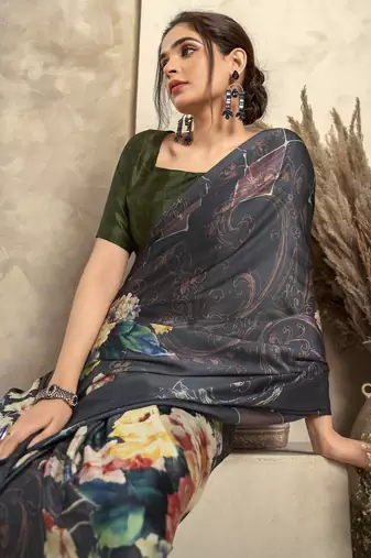 Women's grey satin crepe printed saree with unstitched silk blend blouse piece