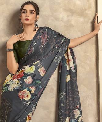 Women's grey satin crepe printed saree with unstitched silk blend blouse piece 3