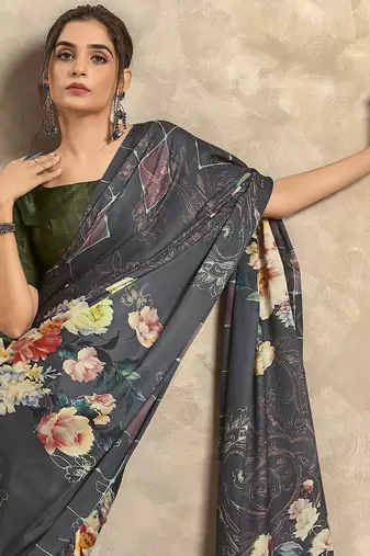 Women's grey satin crepe printed saree with unstitched silk blend blouse piece
