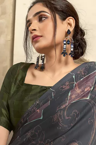 Women's grey satin crepe printed saree with unstitched silk blend blouse piece