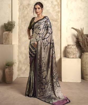 Women's olive satin crepe printed saree with unstitched silk blend blouse piece 1