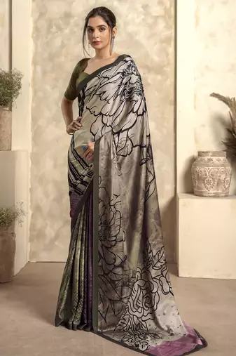 Women's olive satin crepe printed saree with unstitched silk blouse piece