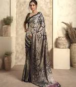 Women's olive satin crepe printed saree with unstitched silk blouse piece