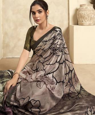 Women's olive satin crepe printed saree with unstitched silk blend blouse piece 2
