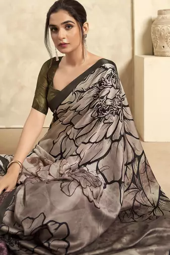 Women's olive satin crepe printed saree with unstitched silk blend blouse piece