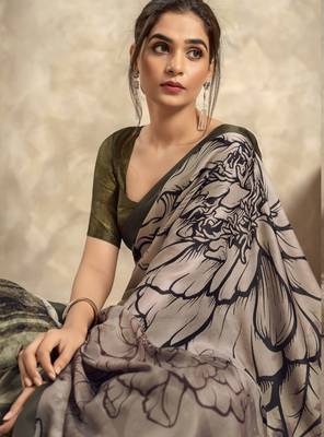Women's olive satin crepe printed saree with unstitched silk blend blouse piece 3
