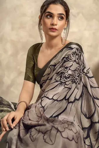 Women's olive satin crepe printed saree with unstitched silk blend blouse piece