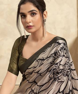 Women's olive satin crepe printed saree with unstitched silk blend blouse piece 4