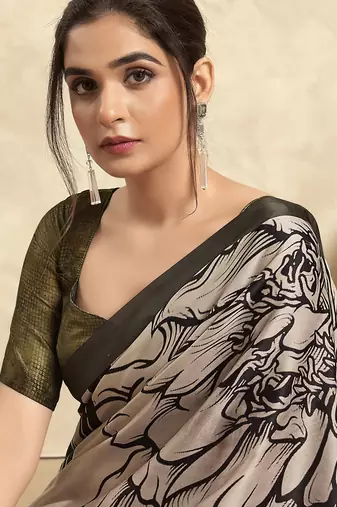 Women's olive satin crepe printed saree with unstitched silk blend blouse piece