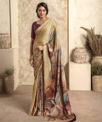 Women's chiku satin crepe printed saree with unstitched silk blend blouse piece 1