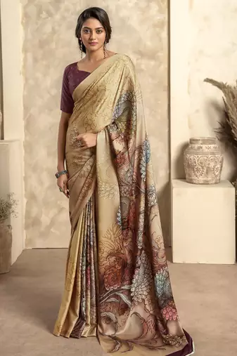 Women's chiku satin crepe printed saree with unstitched silk blouse piece