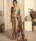 Women's chiku satin crepe printed saree with unstitched silk blouse piece