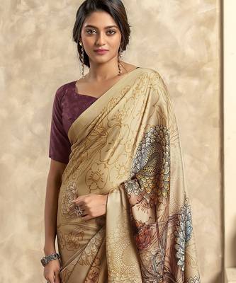 Women's chiku satin crepe printed saree with unstitched silk blend blouse piece 2