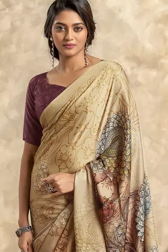 Women's chiku satin crepe printed saree with unstitched silk blend blouse piece