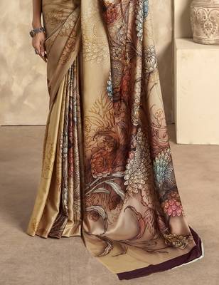 Women's chiku satin crepe printed saree with unstitched silk blend blouse piece 3