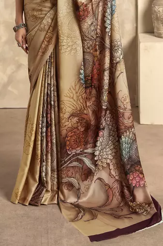 Women's chiku satin crepe printed saree with unstitched silk blend blouse piece
