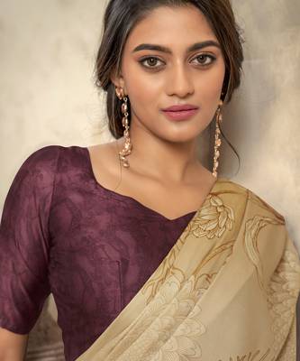 Women's chiku satin crepe printed saree with unstitched silk blend blouse piece 4