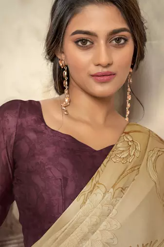 Women's chiku satin crepe printed saree with unstitched silk blend blouse piece