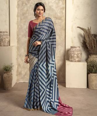 Women's blue satin crepe printed saree with unstitched silk blend blouse piece 1