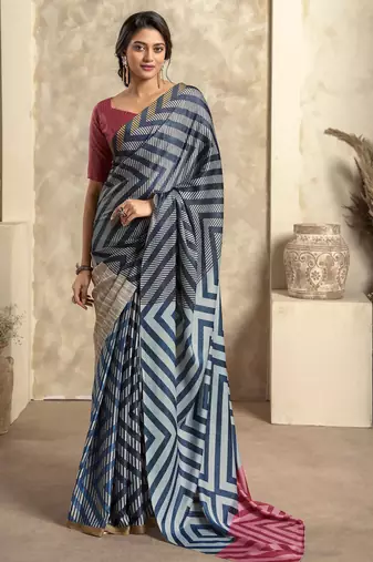 Women's blue satin crepe printed saree with unstitched silk blouse piece