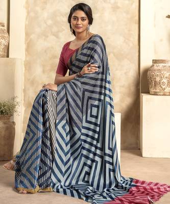 Women's blue satin crepe printed saree with unstitched silk blend blouse piece 2