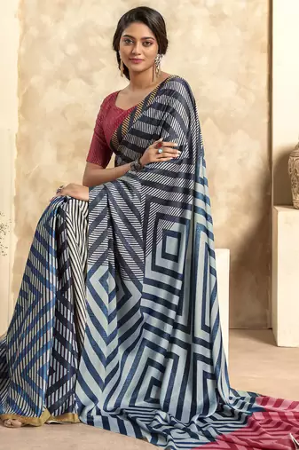 Women's blue satin crepe printed saree with unstitched silk blend blouse piece