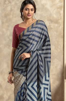 Women's blue satin crepe printed saree with unstitched silk blend blouse piece 3