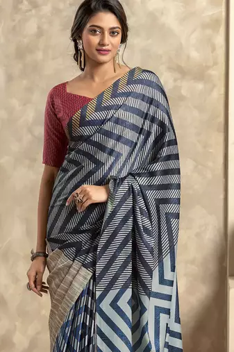 Women's blue satin crepe printed saree with unstitched silk blend blouse piece