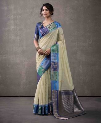 Women's mint modal cotton zari woven saree with unstitched silk blouse piece 1