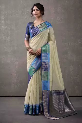 Women's mint modal cotton zari woven saree with unstitched silk blouse piece