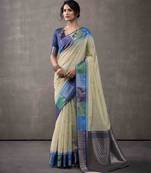 Women's mint modal cotton zari woven saree with unstitched silk blouse piece