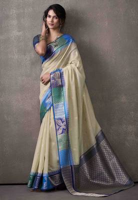 Women's mint modal cotton zari woven saree with unstitched silk blouse piece 2