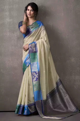 Women's mint modal cotton zari woven saree with unstitched silk blouse piece