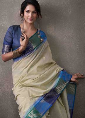 Women's mint modal cotton zari woven saree with unstitched silk blouse piece 3