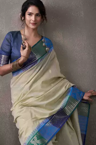 Women's mint modal cotton zari woven saree with unstitched silk blouse piece
