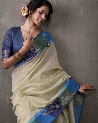 Women's mint modal cotton zari woven saree with unstitched silk blouse piece 4