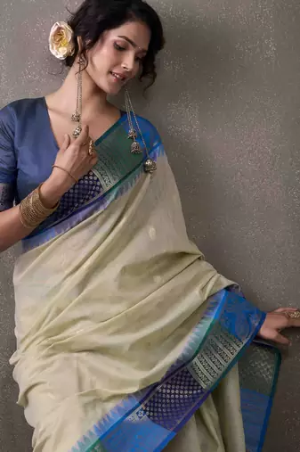 Women's mint modal cotton zari woven saree with unstitched silk blouse piece