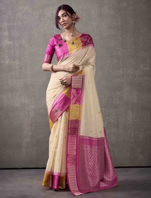 Women's cream modal cotton zari woven saree with unstitched silk blend blouse piece 1