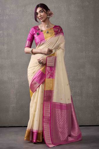 Women's cream modal cotton zari woven saree with unstitched silk blouse piece