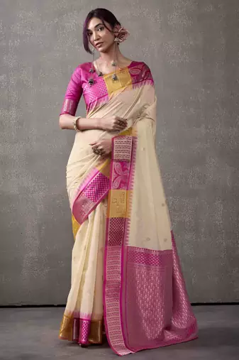 Women's cream modal cotton zari woven saree with unstitched silk blouse piece